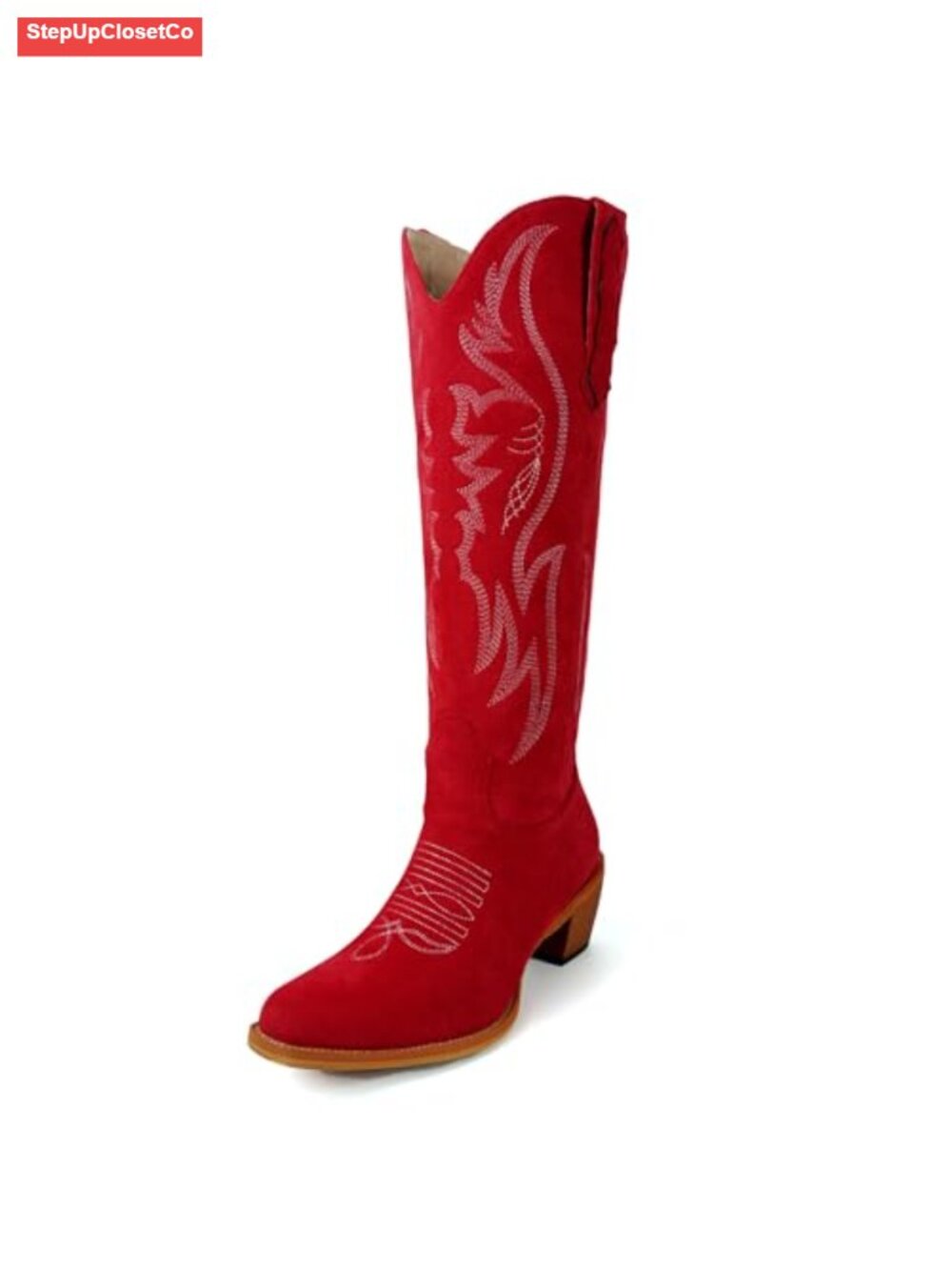 Faux Suede Mid Calf Western Cowgirl Boots Embroidered Chunky Heel Almond Toe